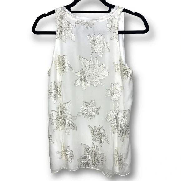 White House Black Market Size S White Metallic Gold Floral Sleeveless Silk Top - Picture 2 of 12